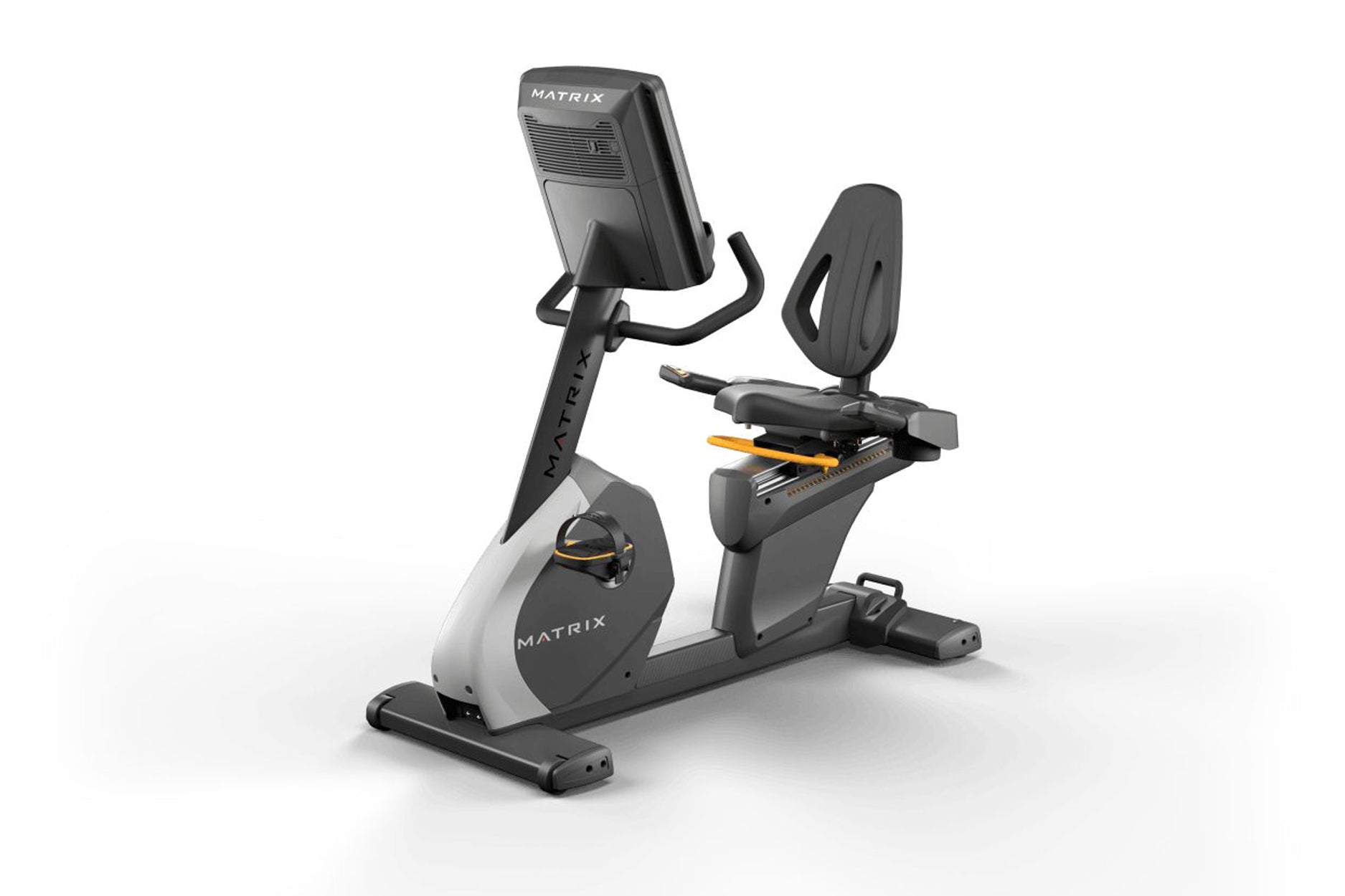 Matrix black and gray recumbent exercise bike with digital console, padded seat, and foot pedals on white background