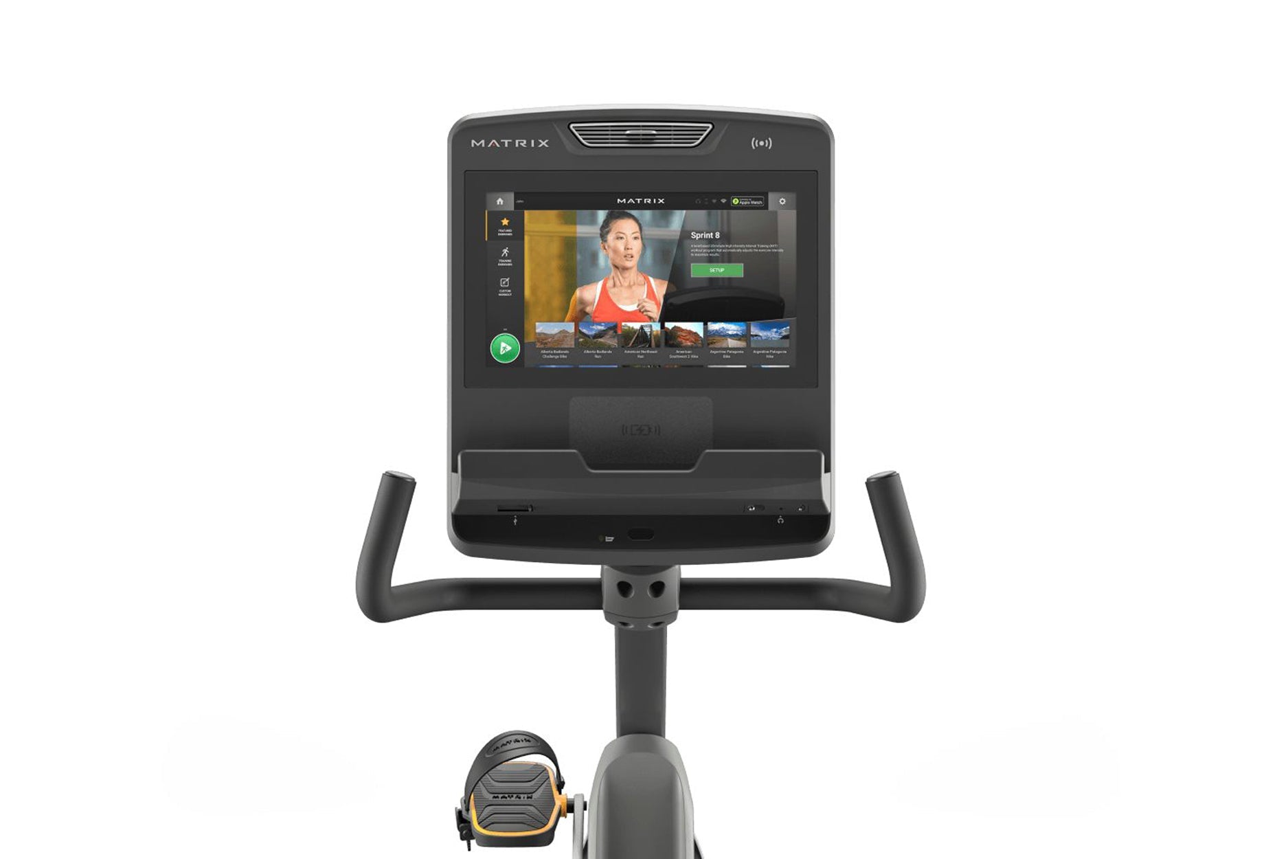Matrix performance recumbent exercise bike with black frame, curved handlebars, and digital touchscreen display showing worko