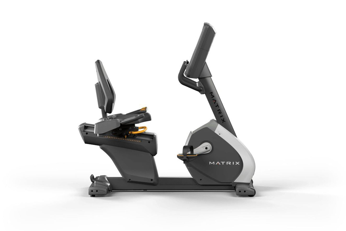 Matrix Performance recumbent exercise bike with black and gray frame, dual upright handles, and seat, shown on white backgrou