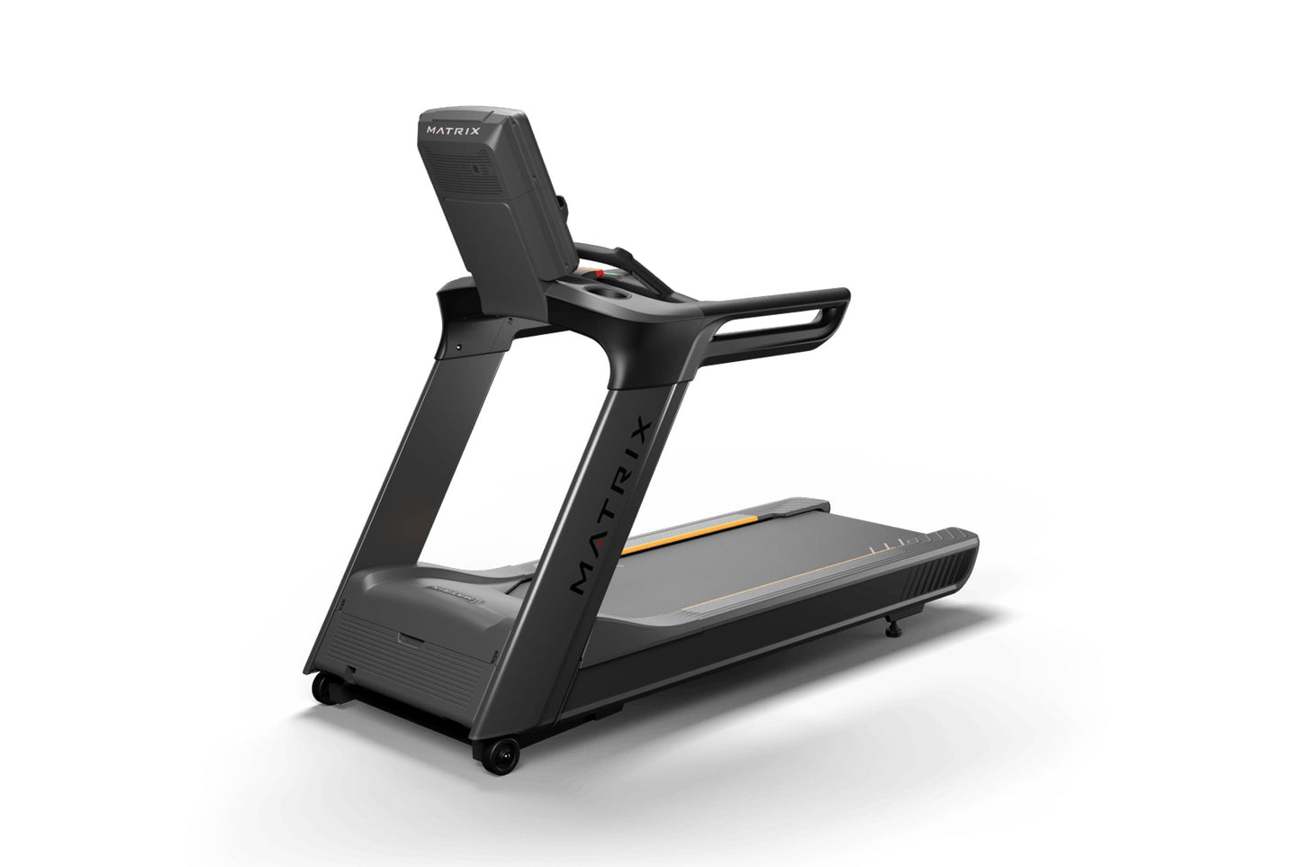 Matrix Performance Treadmill with black frame, gray running deck with gold accents, digital console, and handrails on white b