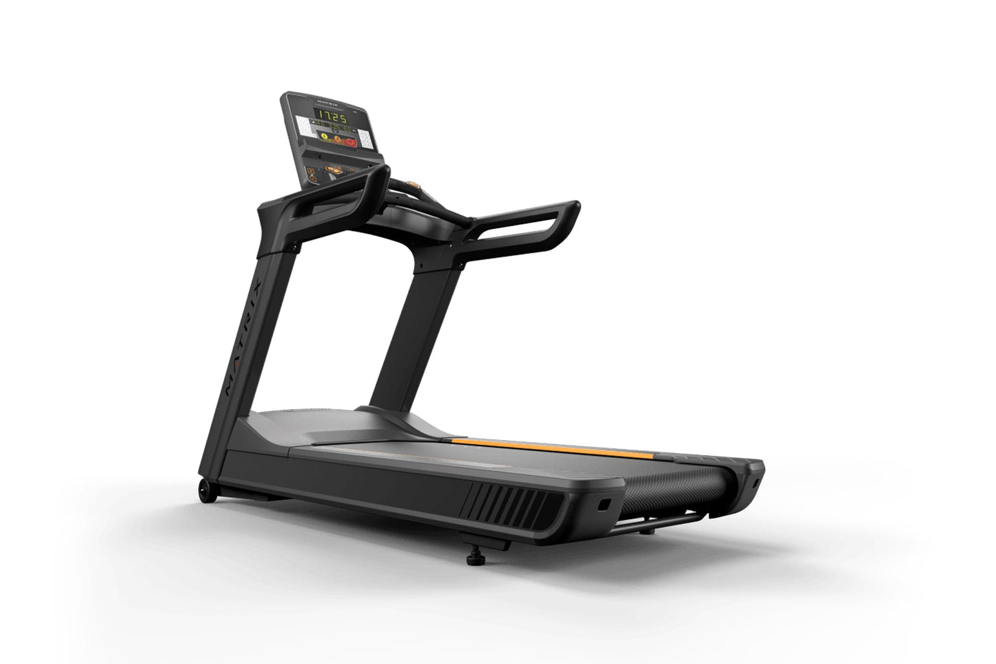 Black commercial treadmill with digital console display, orange accent stripe, and dual handrails on white background