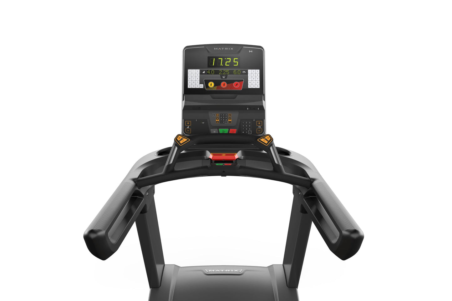 Matrix Performance Treadmill with black frame, digital display showing 1725, control console with yellow and red buttons, on 