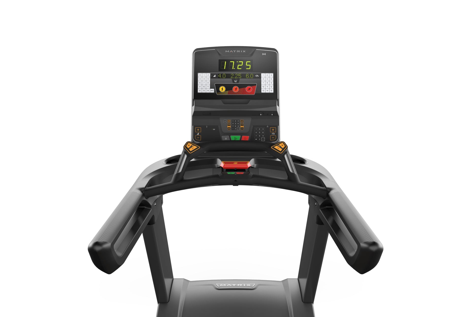 Matrix Performance Treadmill with black frame, digital display showing 1725, control console with yellow and red buttons, on 