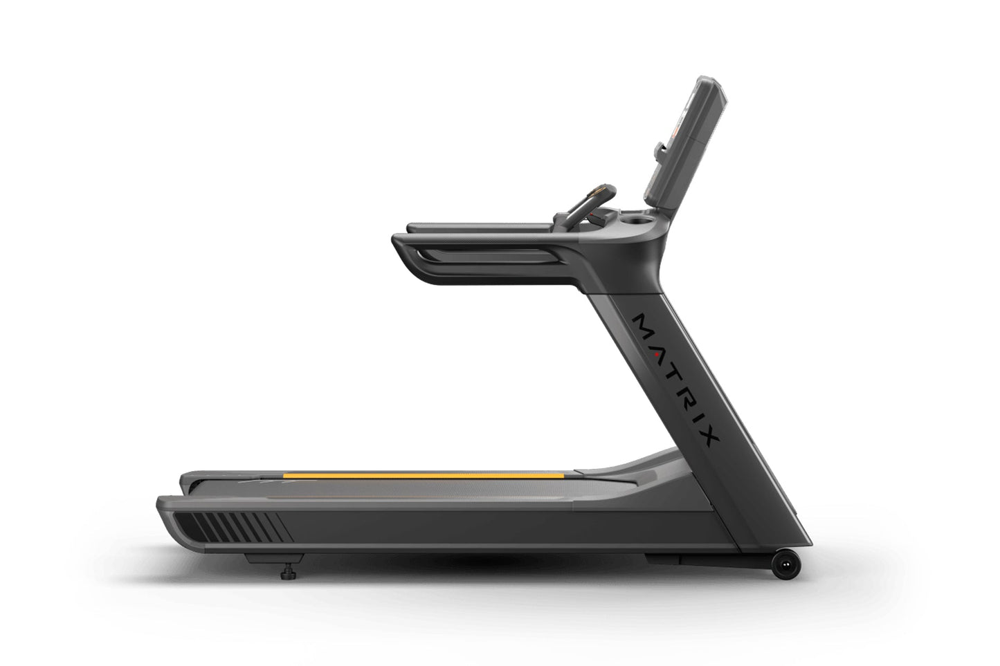 Matrix Performance Treadmill with black frame, gray accents, and gold stripe detail, side view on white background
