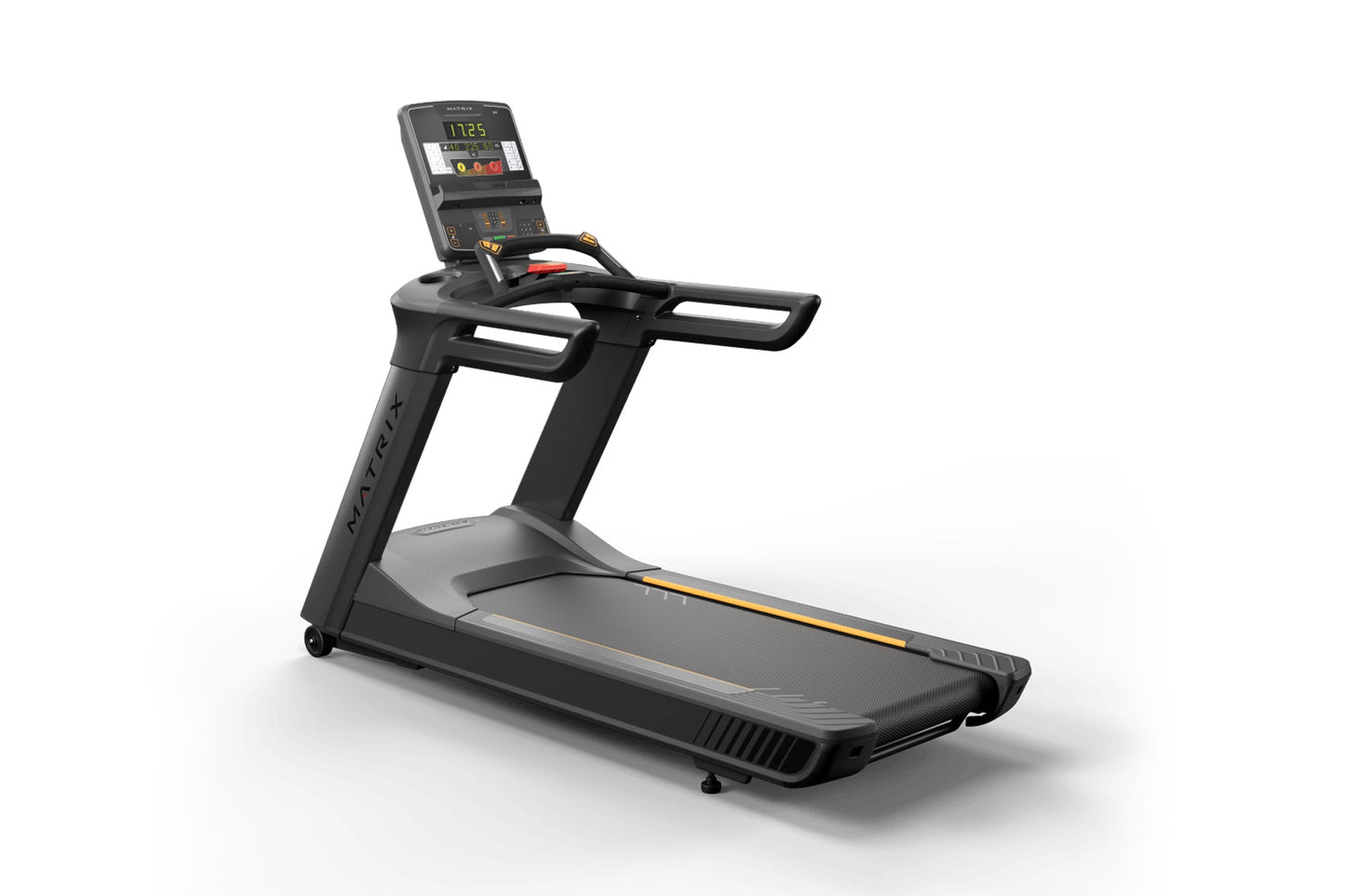 Black Matrix performance treadmill with digital console display, cushioned running deck with yellow accent stripe, and dual h