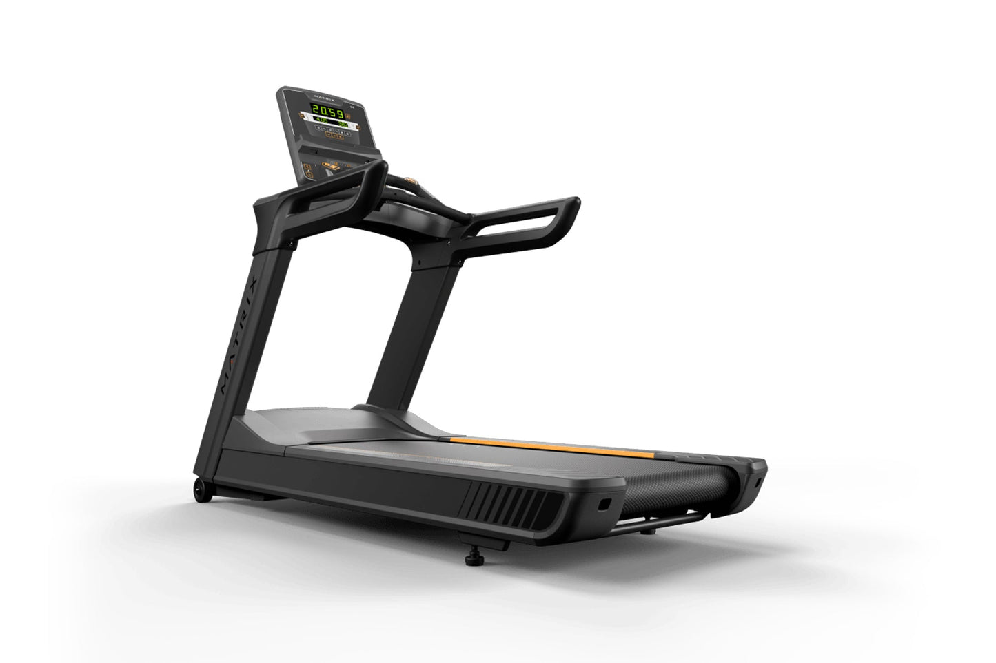 Black commercial treadmill with digital display showing time, gray running deck, orange accent stripe, and dual handlebars on