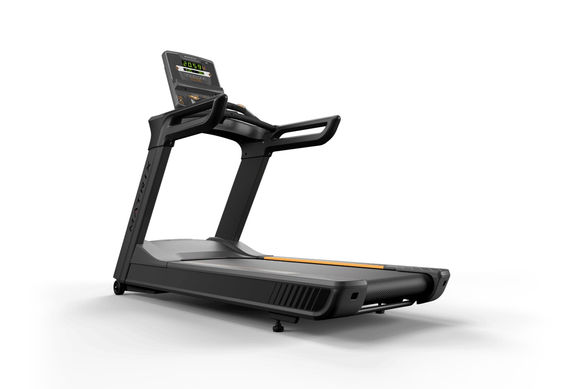 Black commercial treadmill with digital display showing time, gray running deck, orange accent stripe, and dual handlebars on