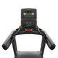 Matrix Performance Treadmill with digital display showing time and metrics, black frame with gray handrails and red emergency