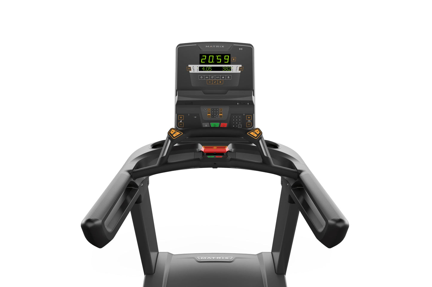 Matrix Performance Treadmill with digital display showing time and metrics, black frame with gray handrails and red emergency