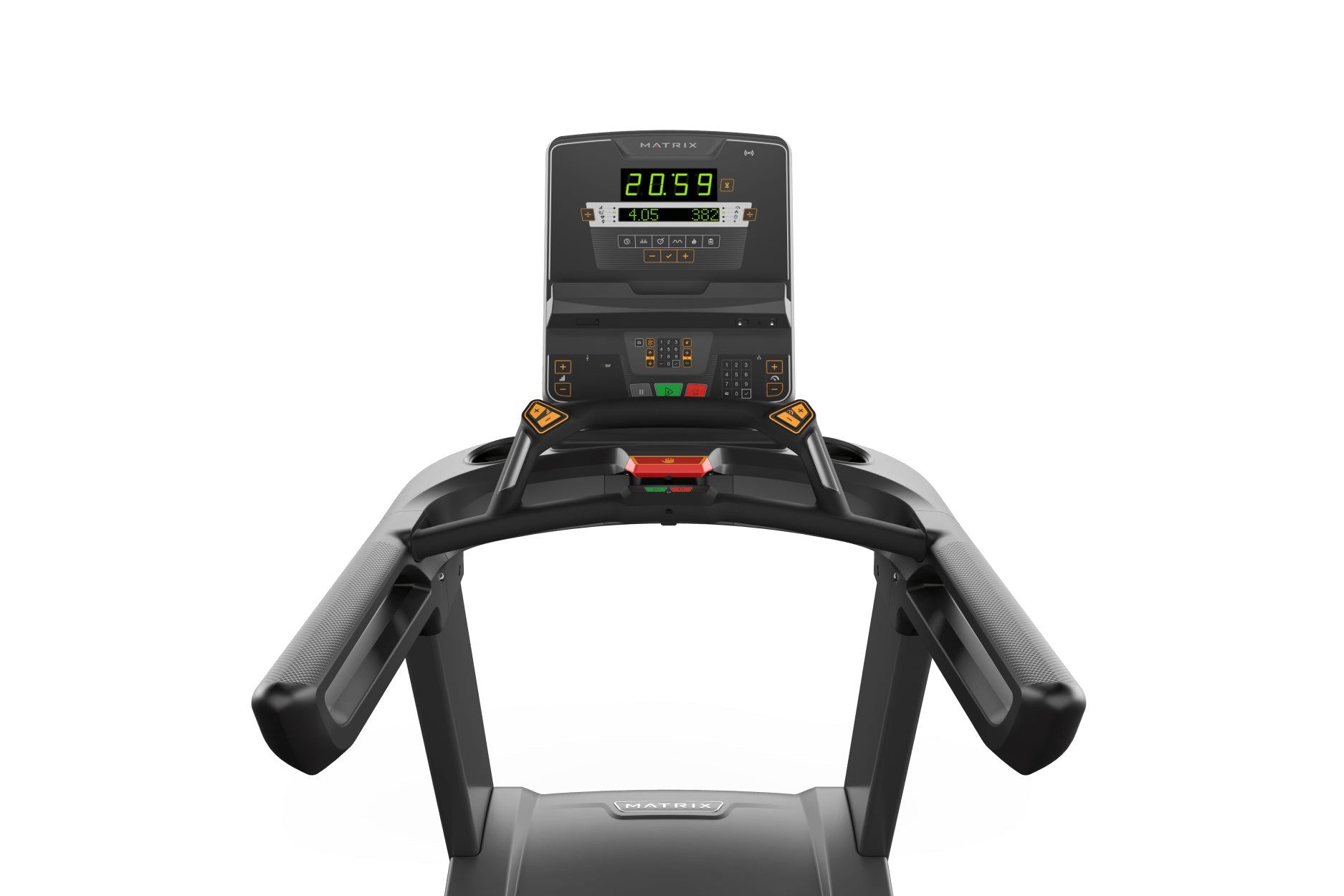 Matrix Performance Treadmill with digital display showing time and metrics, black frame with gray handrails and red emergency