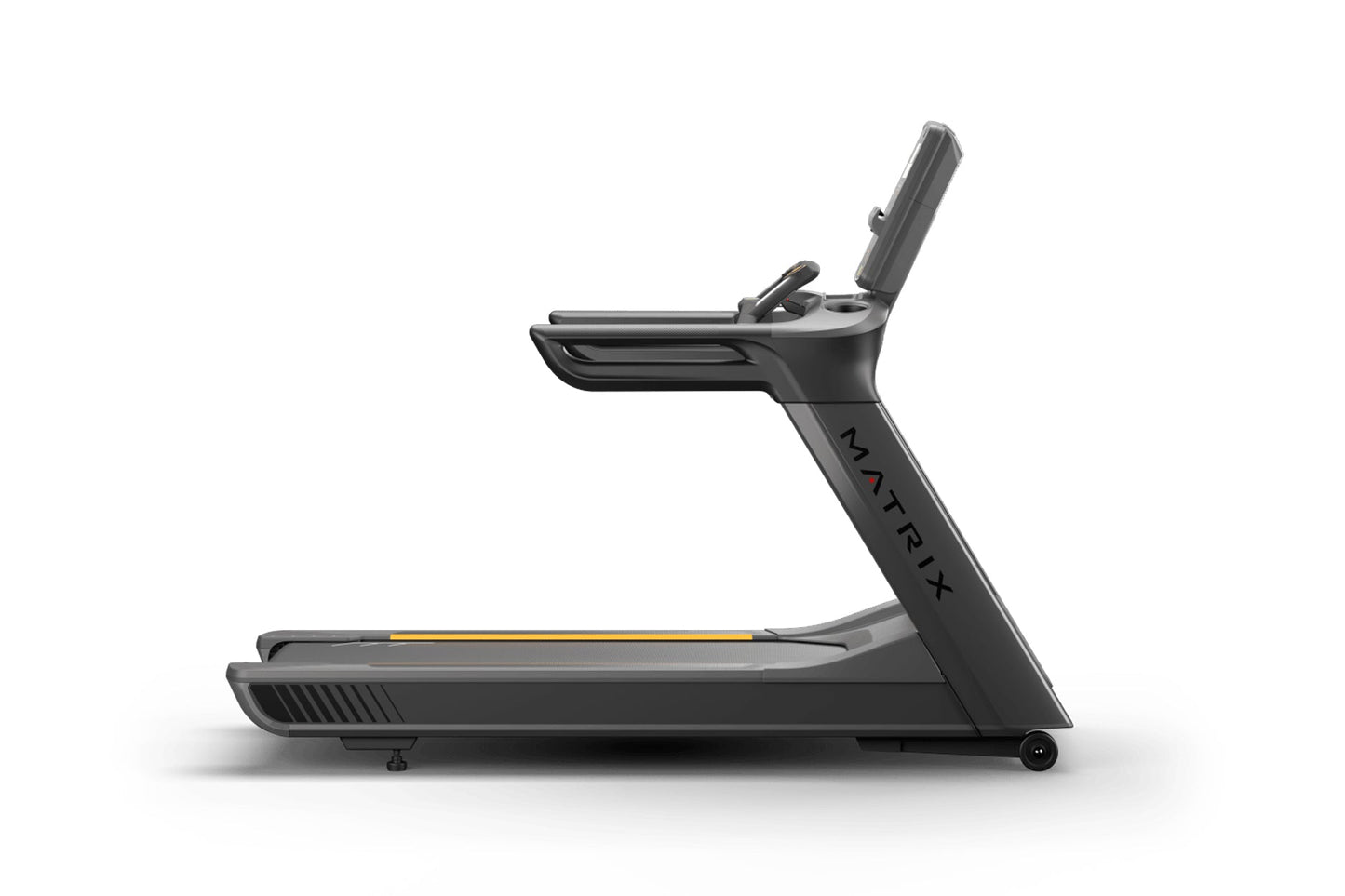 Black Matrix Performance treadmill with adjustable incline, digital display console, and gold accent stripe on running deck, 