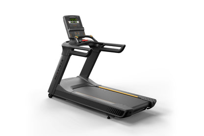 Black commercial treadmill with digital display console, gray running deck, and yellow accent stripe on white background