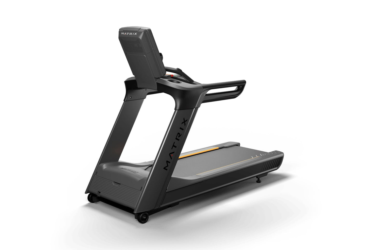 Matrix Performance Treadmill with black frame, gray running deck with yellow accent stripe, and padded black seat backrest on