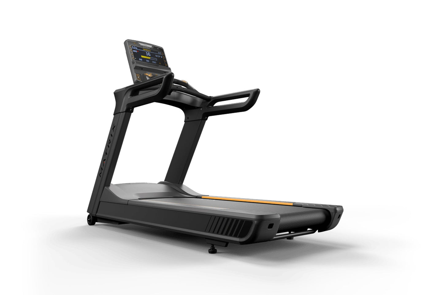 Black commercial treadmill with digital display console, orange accent stripe, and dual handrails on white background