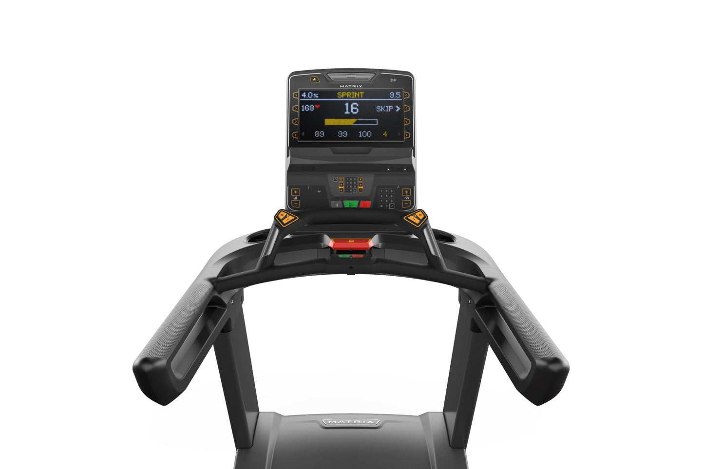 Matrix Performance Treadmill with black frame, digital display showing sprint workout metrics, and gray textured handrails on