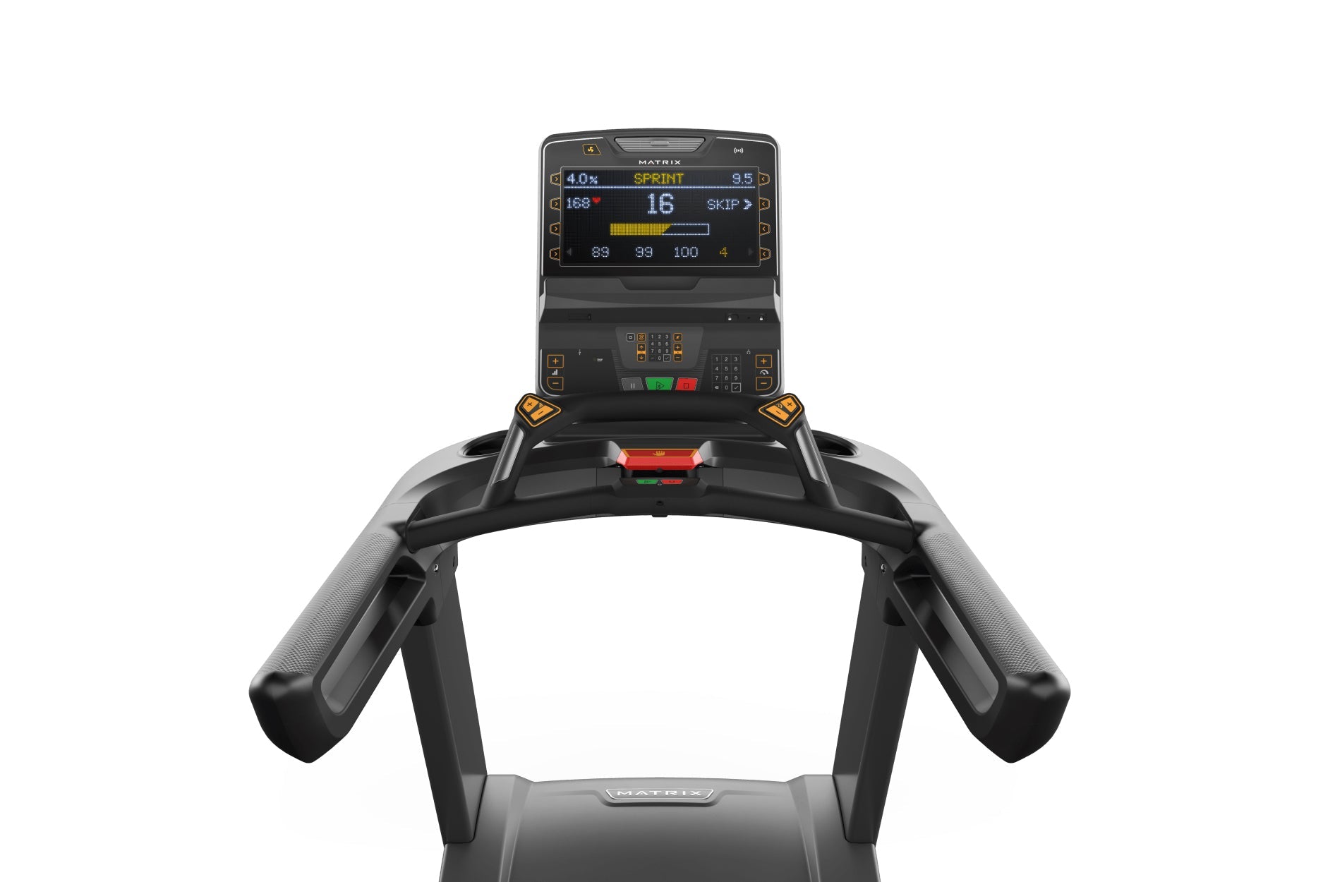 Matrix Performance Treadmill with black frame, digital display showing sprint workout metrics, and gray textured handrails on