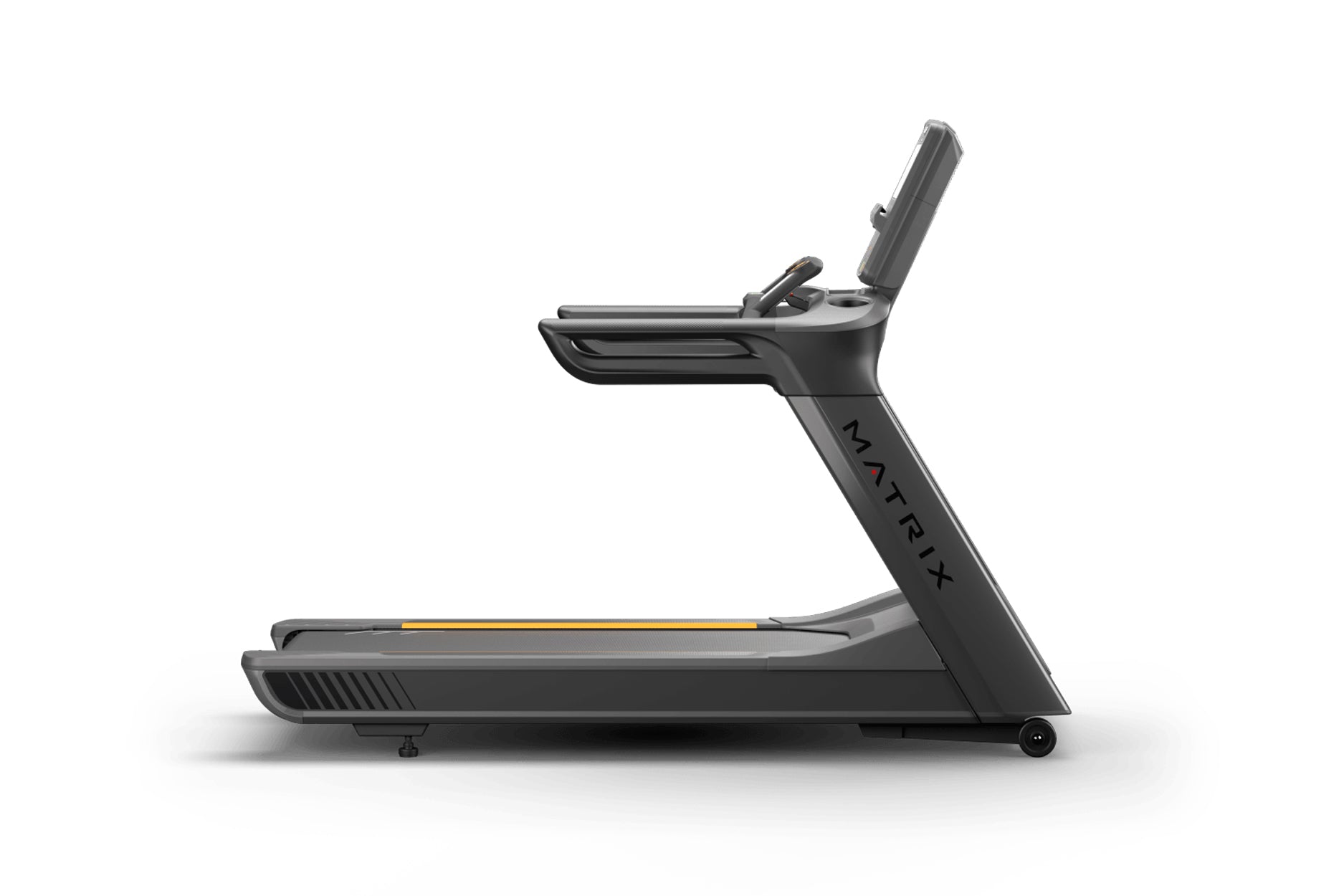 Matrix Performance Treadmill in black with digital console, yellow accent stripe, and adjustable incline, side view on white 