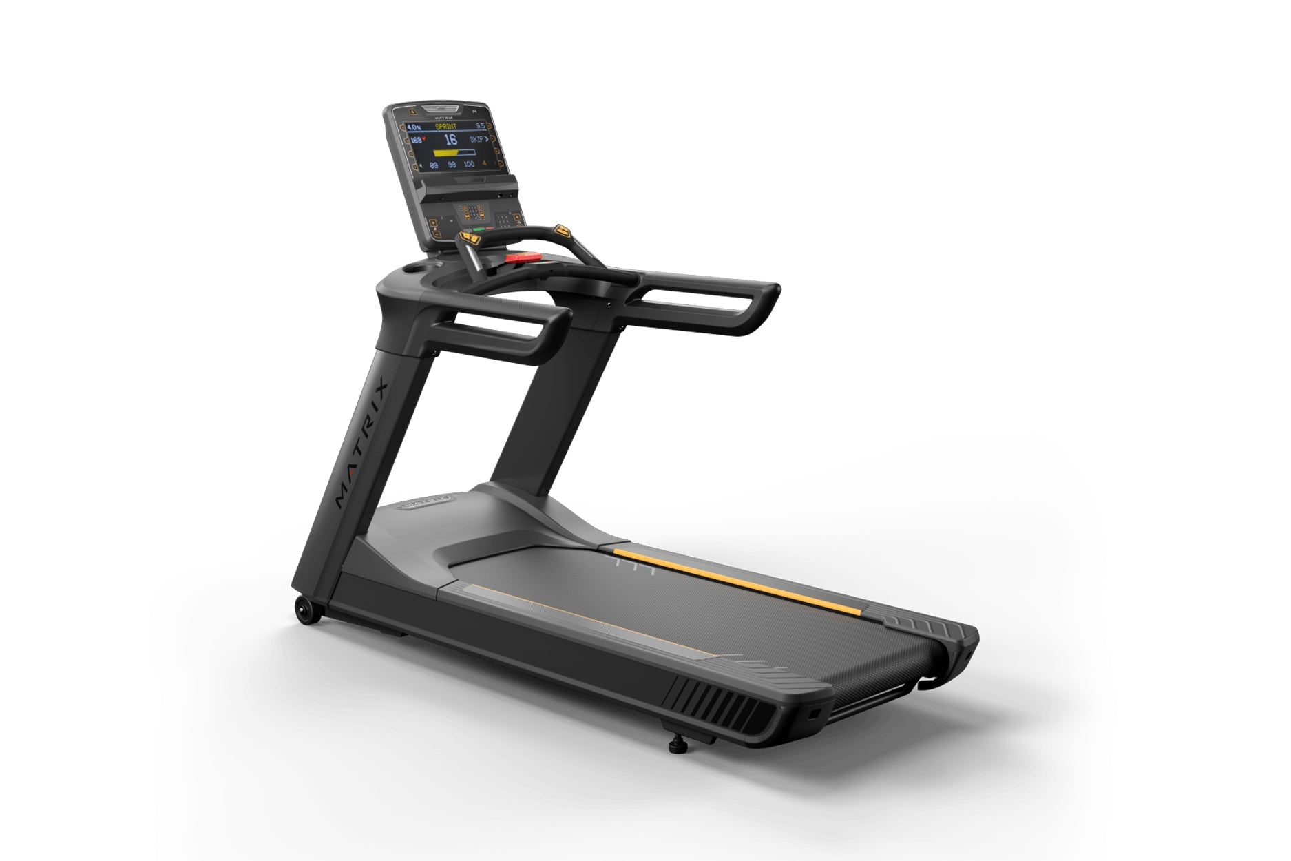 Black motorized treadmill with digital display console, yellow and red accent details, and extended handrails on white backgr