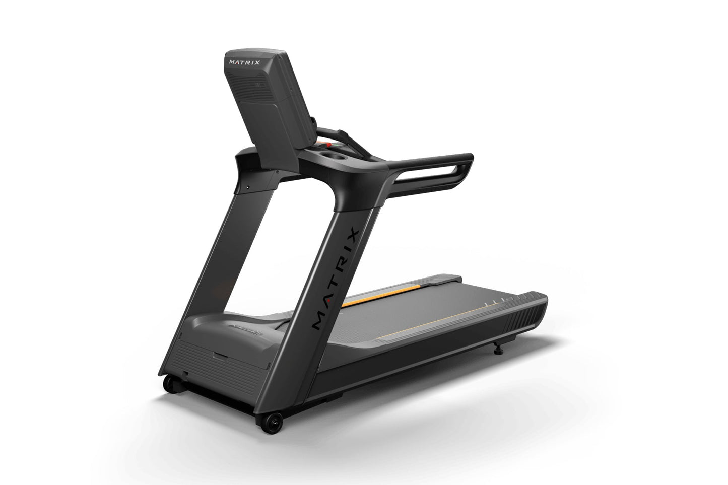 Matrix Performance Treadmill with black frame, gray running belt with yellow accents, and adjustable backrest on white backgr