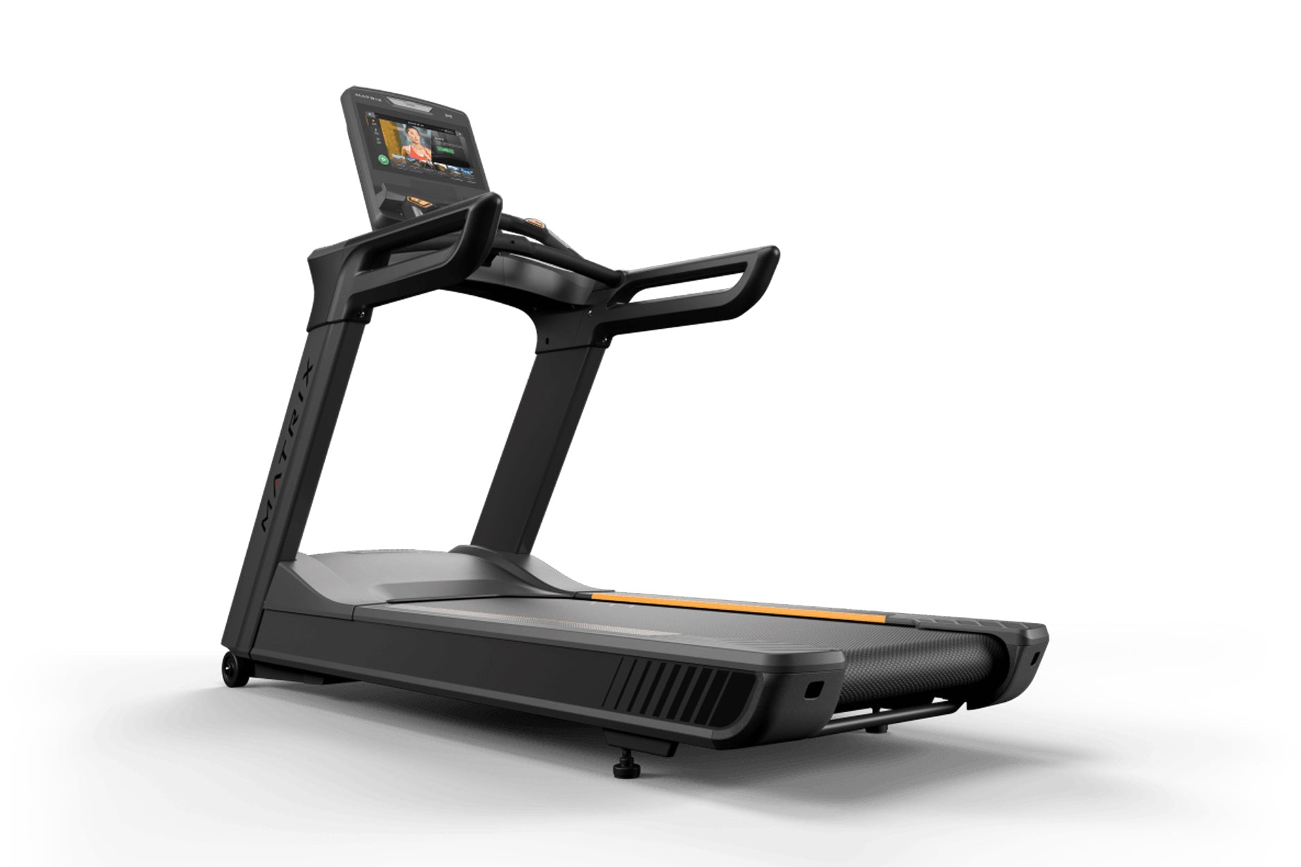 Black commercial treadmill with digital touchscreen display, handrails, and gray running deck with orange accent stripe on wh
