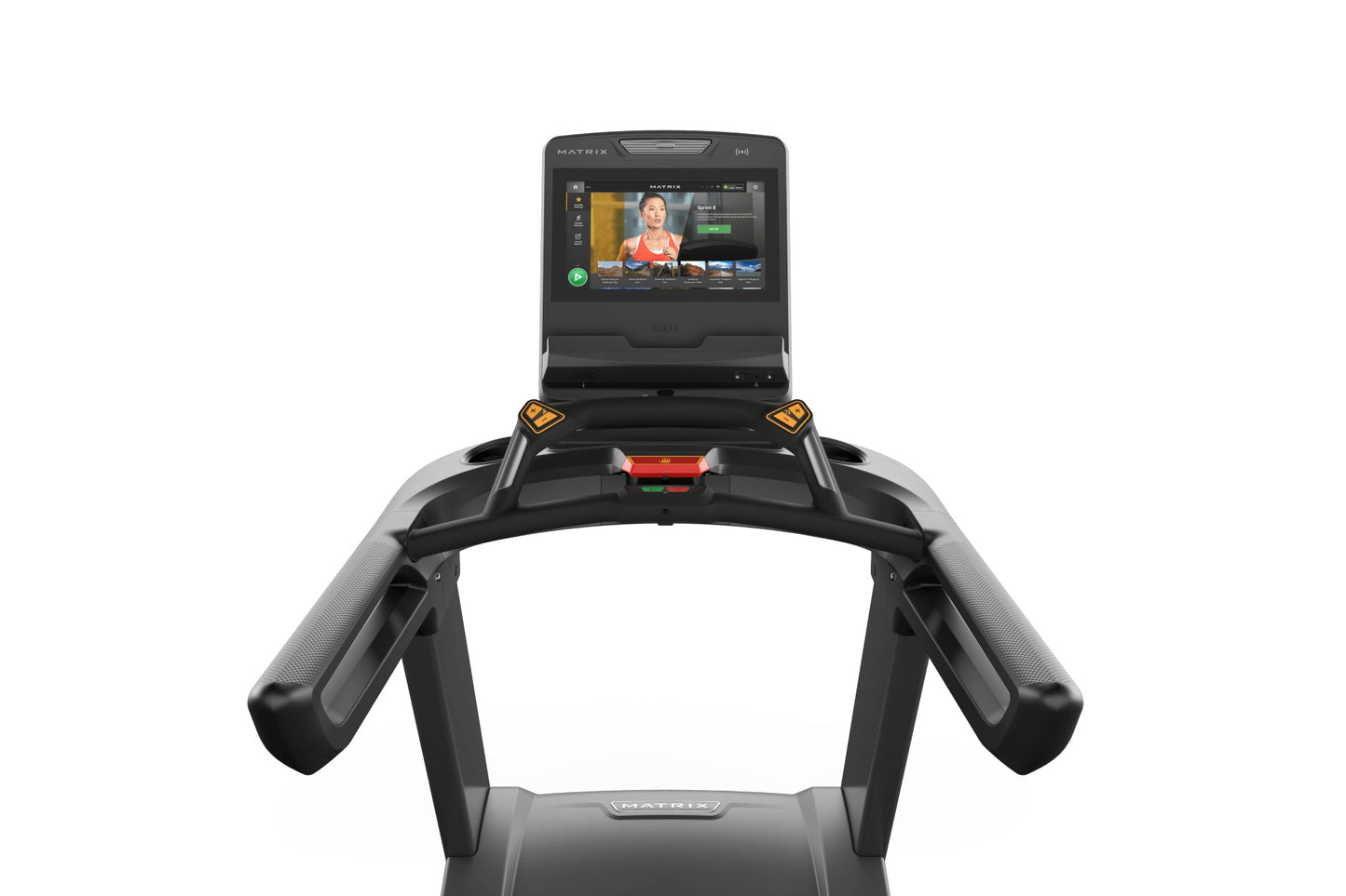 Matrix Performance Treadmill with black frame, gray accents, and integrated touchscreen display showing fitness interface on 