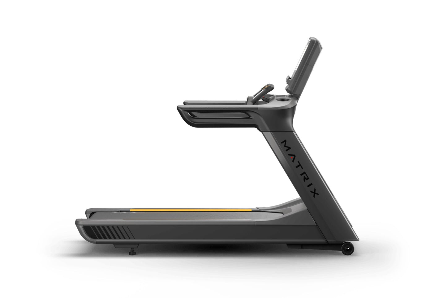 Matrix Performance Treadmill with dark gray frame, digital console, and yellow accent stripe on running deck, shown from side