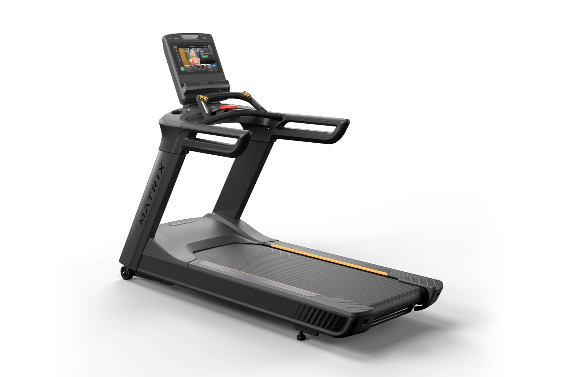 Black commercial treadmill with digital display console, running deck, and handles on white background