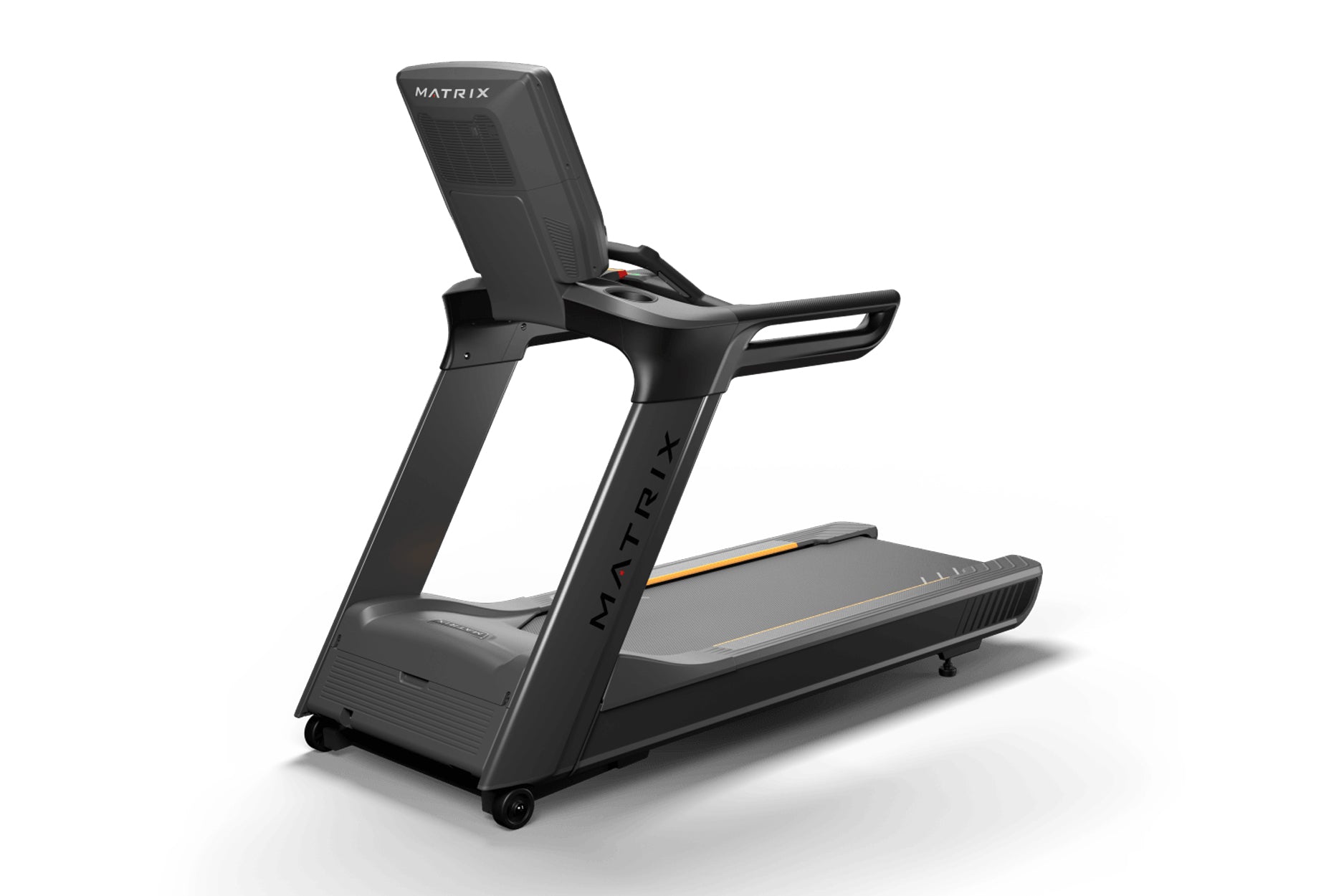 Matrix Performance Treadmill with black frame, gray running deck with orange accent stripe, and padded backrest on white back