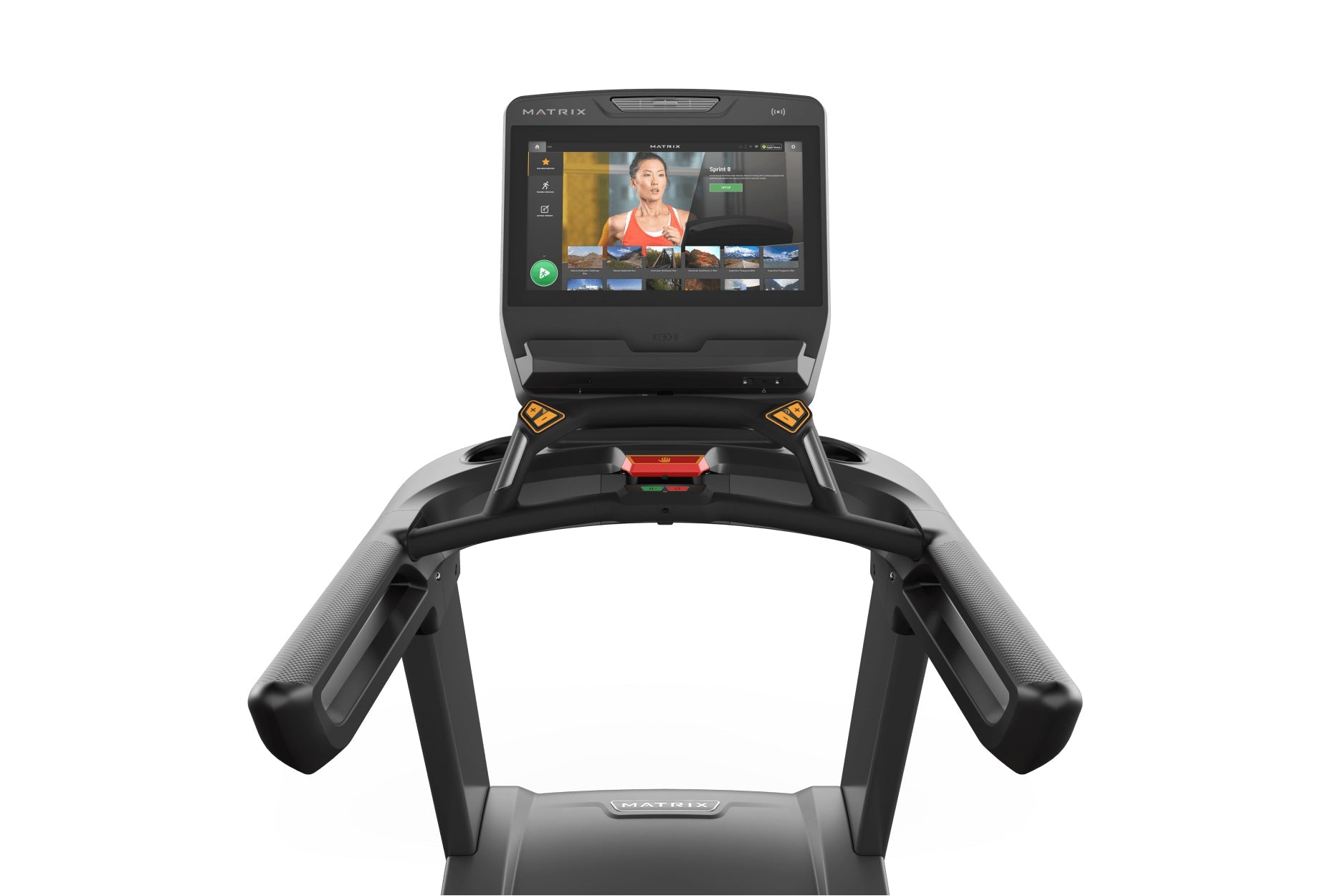 Matrix Performance Treadmill with black frame, dual handles, and console displaying fitness video on white background