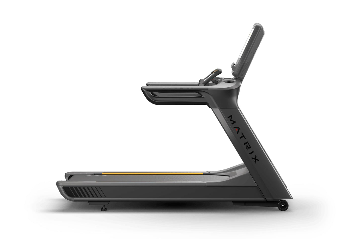 Matrix Performance Treadmill with black frame, digital console, and yellow accent stripe on running deck, side view on white 