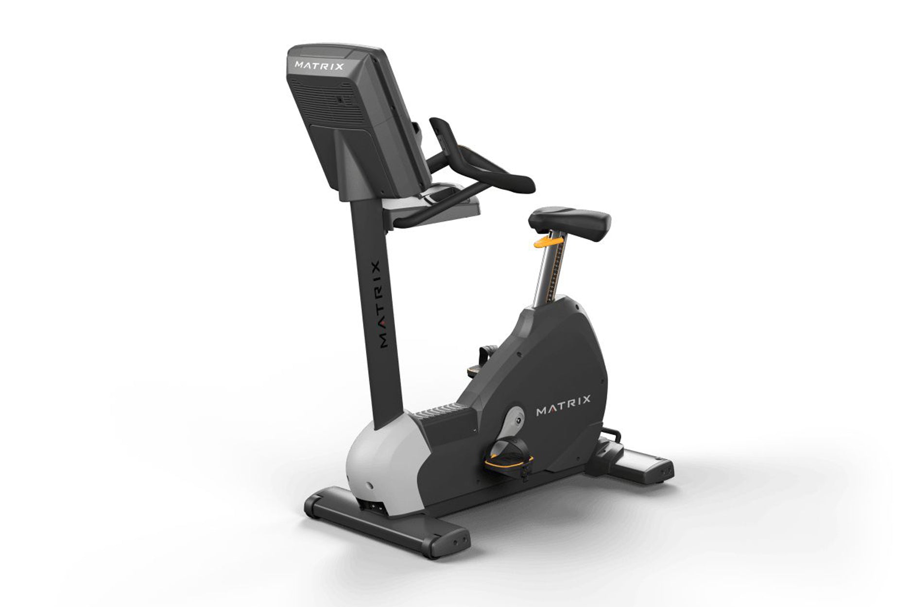 Matrix Performance Upright Cycle with black and white frame, digital display console, adjustable seat, and handlebars on whit
