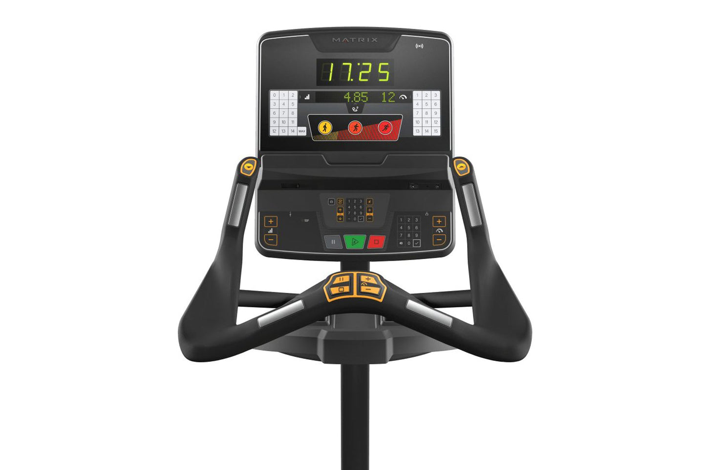 Matrix Performance Upright Exercise Bike with black frame, digital display showing time and metrics, gold accent buttons, and