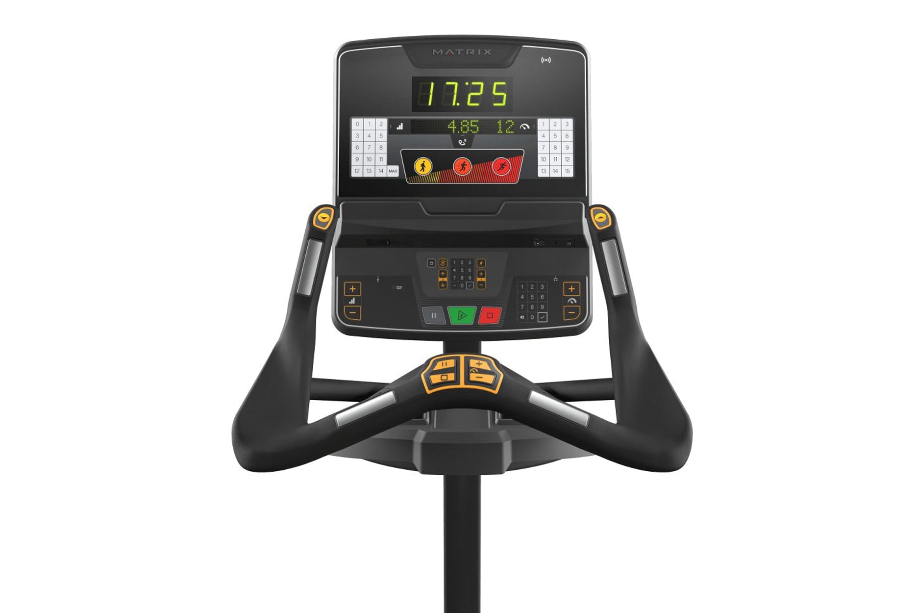 Matrix Performance Upright Exercise Bike with black frame, digital display showing time and metrics, gold accent buttons, and