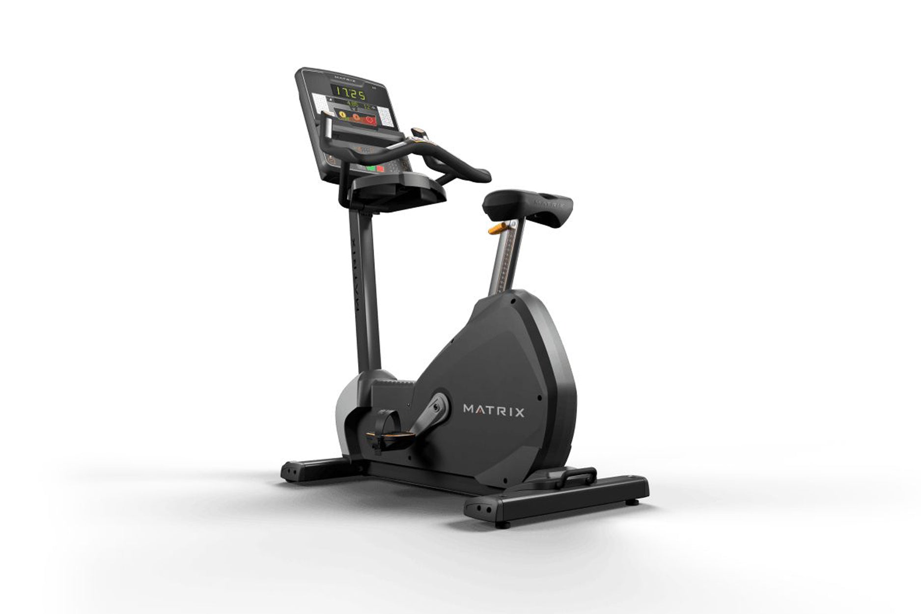 Matrix black upright exercise bike with digital console, black seat, and foot pedals on white background