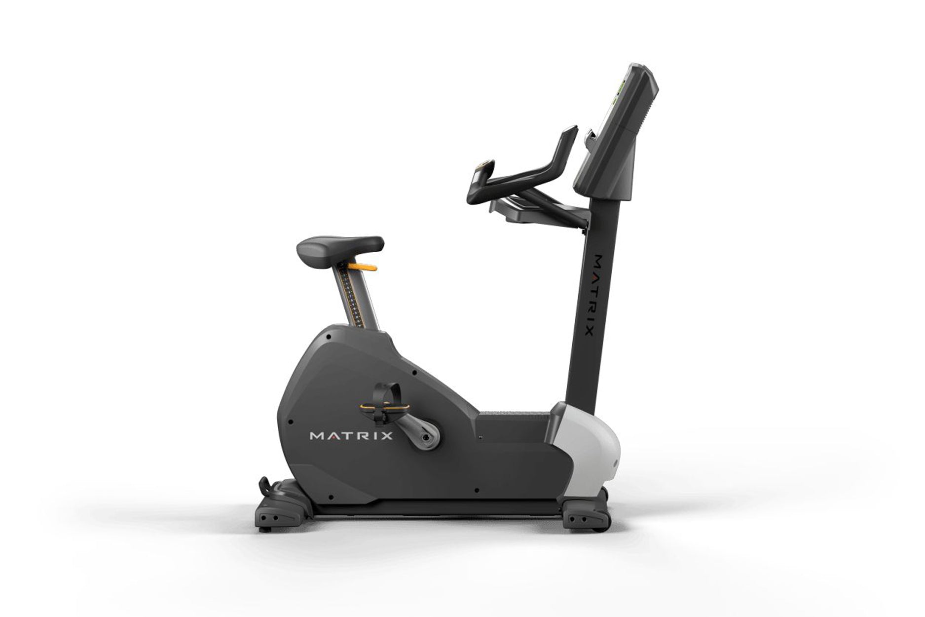 Matrix upright stationary exercise bike with black frame, gray seat, and adjustable handlebar on white background