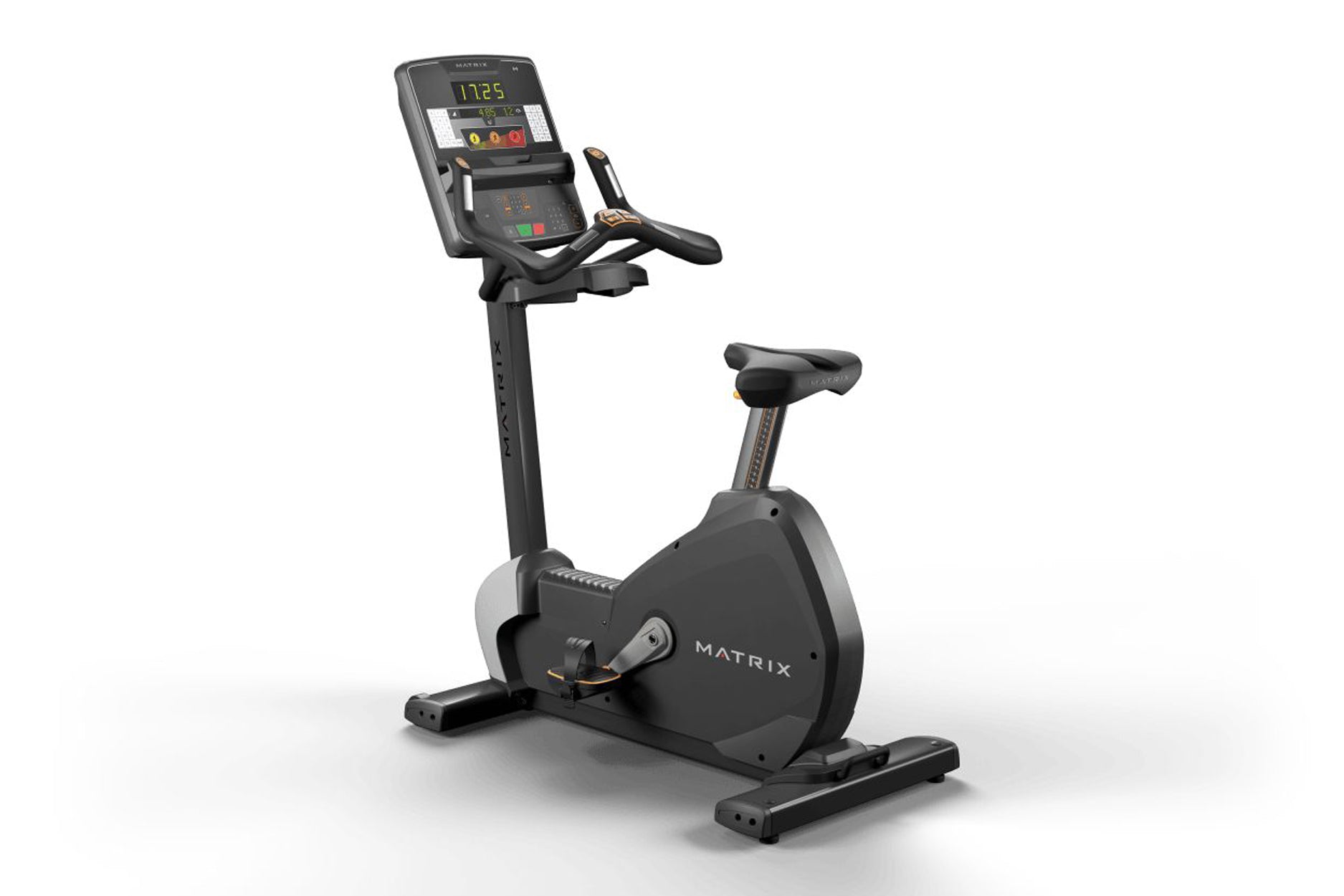 Matrix black upright exercise bike with digital display console showing time and metrics, handlebars, and seat on white backg