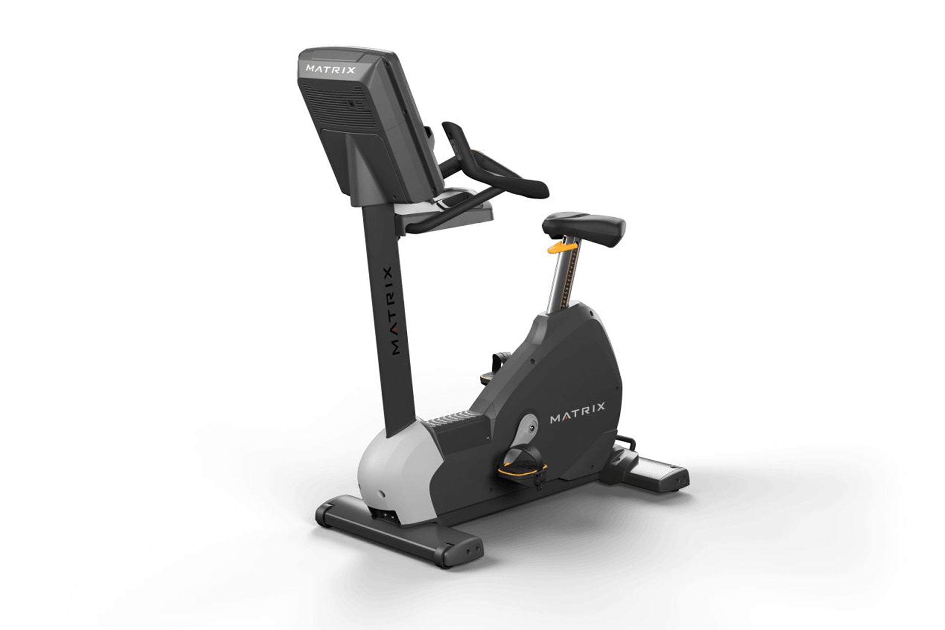 Matrix Performance Upright Cycle with black and white frame, digital console, black seat, and pedals on white background