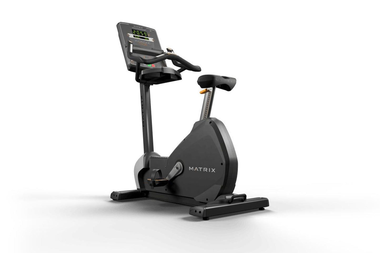 Matrix Performance Upright Cycle with digital console display, black frame, padded seat, and handlebars on white background