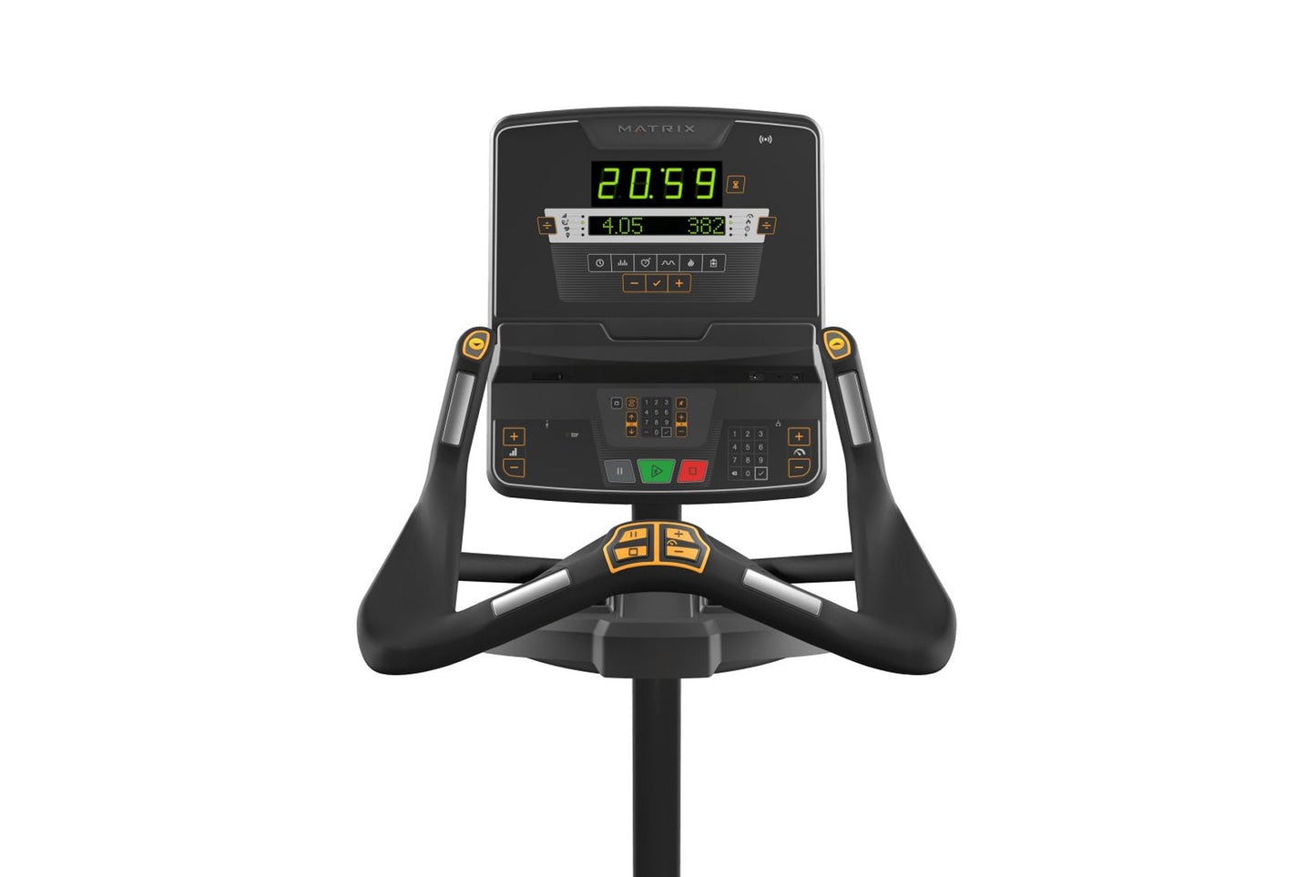 Matrix Performance Upright Cycle with black frame, digital console displaying workout metrics, and gold-accented handlebars o
