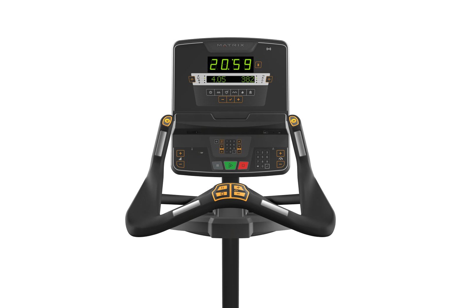 Matrix Performance Upright Cycle with black frame, digital console displaying workout metrics, and gold-accented handlebars o