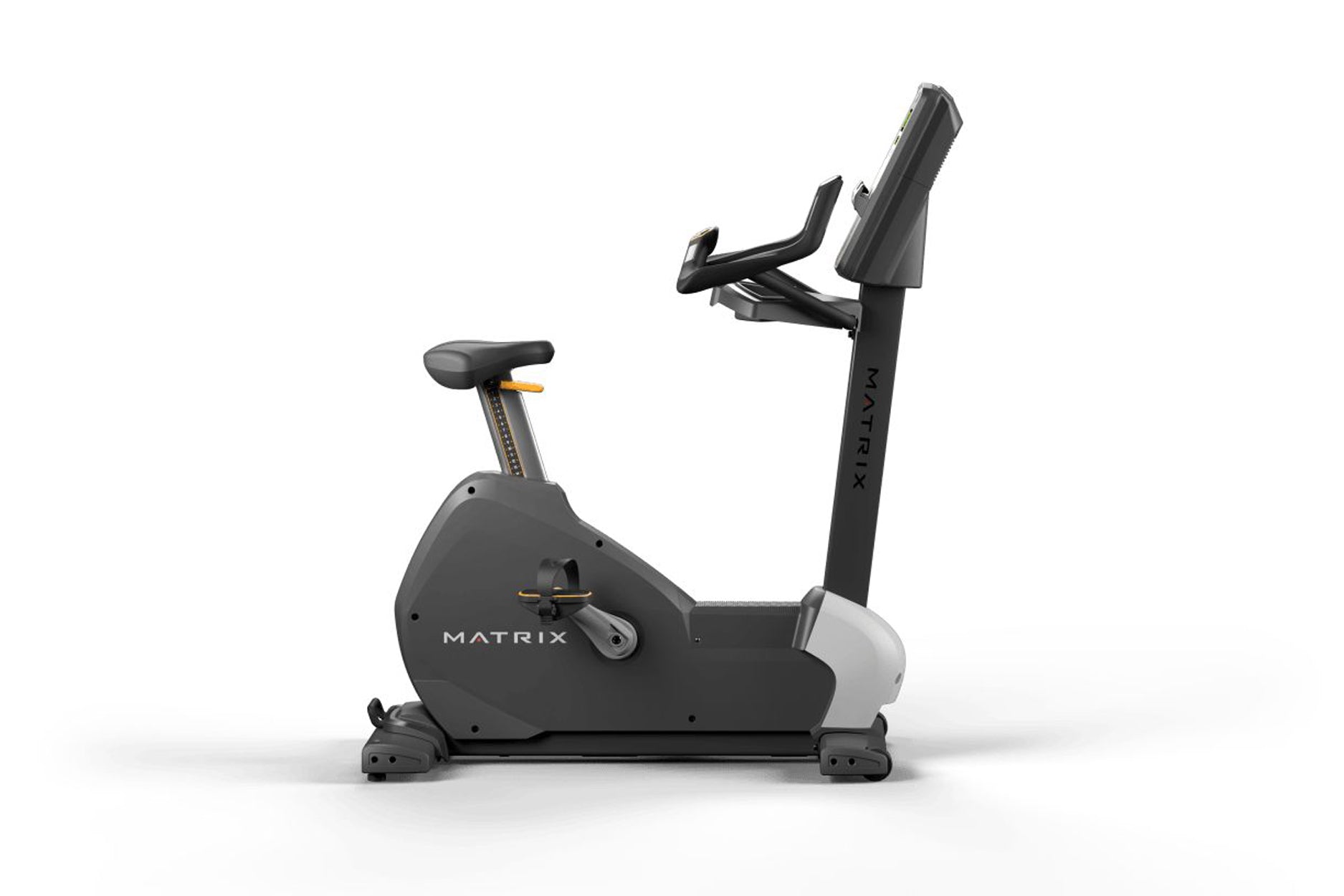 Matrix Performance Upright Cycle stationary exercise bike with black frame, padded seat, handlebars, and display console on w