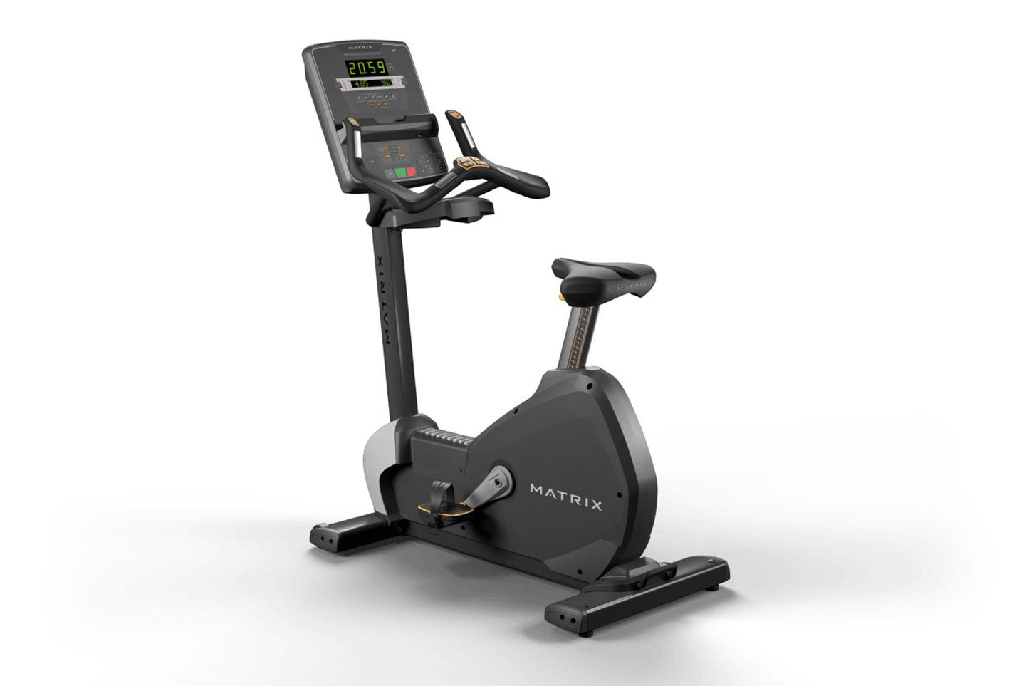 Black Matrix upright exercise bike with digital console displaying 2059, adjustable seat, handlebars, and gold accents on whi