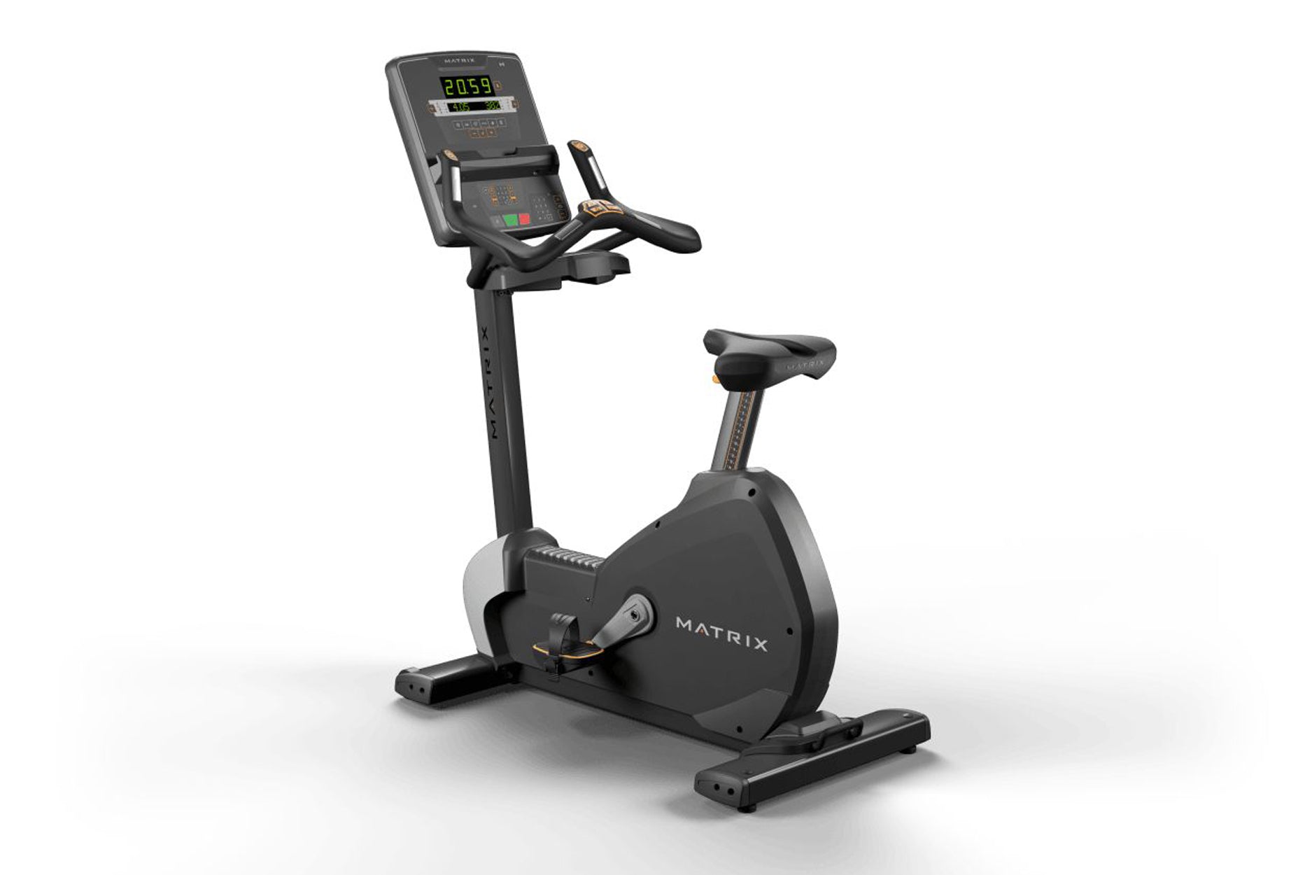 Black Matrix upright exercise bike with digital console displaying 2059, adjustable seat, handlebars, and gold accents on whi