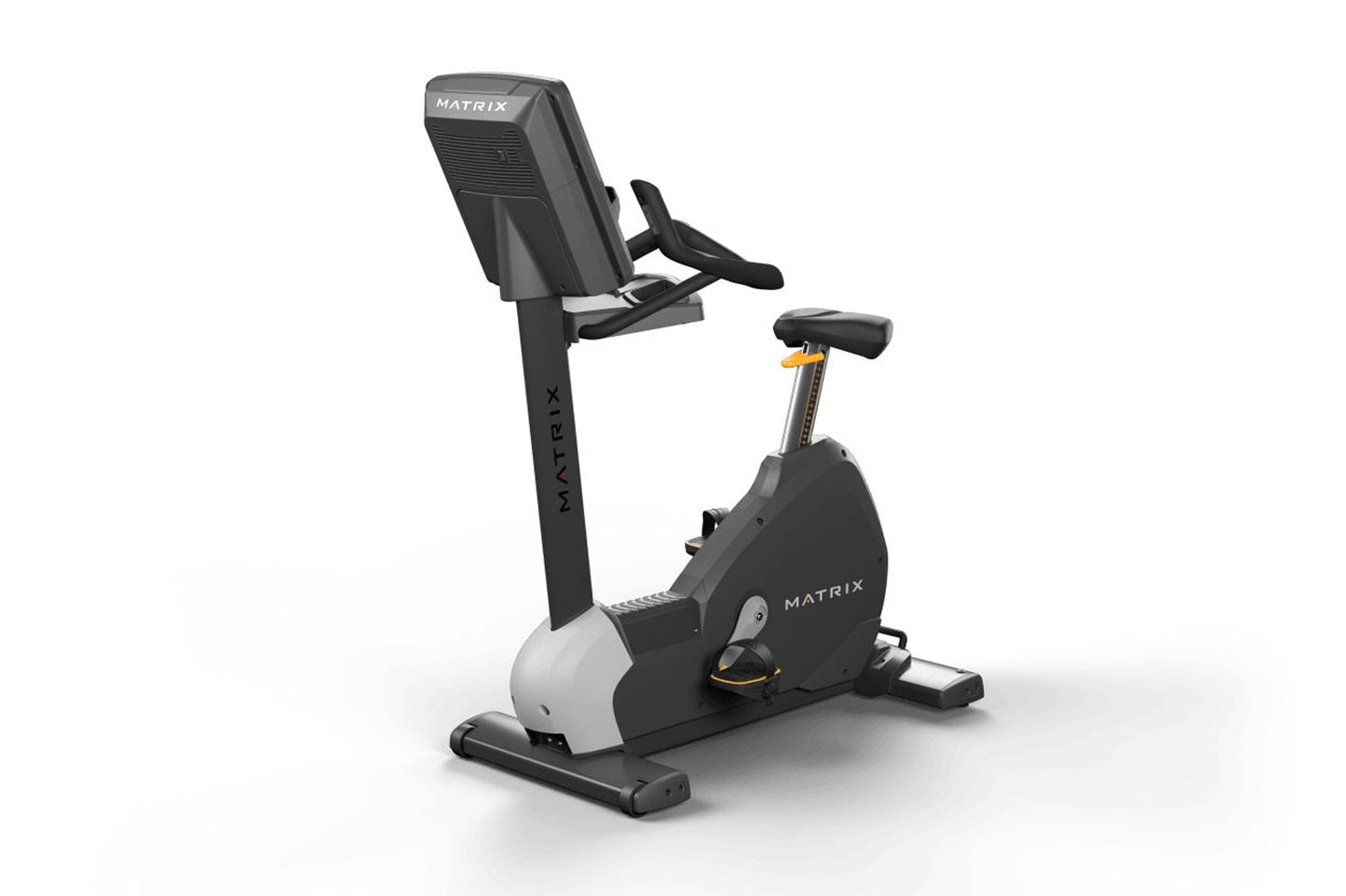 Matrix black and white upright exercise bike with digital display, pedals, and adjustable seat on white background