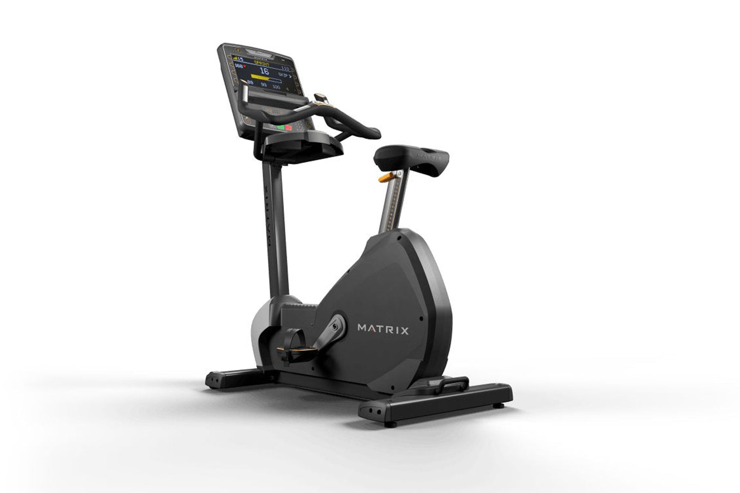 Matrix black upright exercise bike with digital console, black seat, and pedals on white background