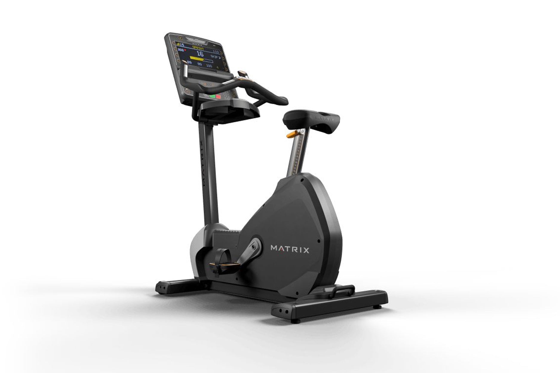 Matrix black upright exercise bike with digital console, black seat, and pedals on white background