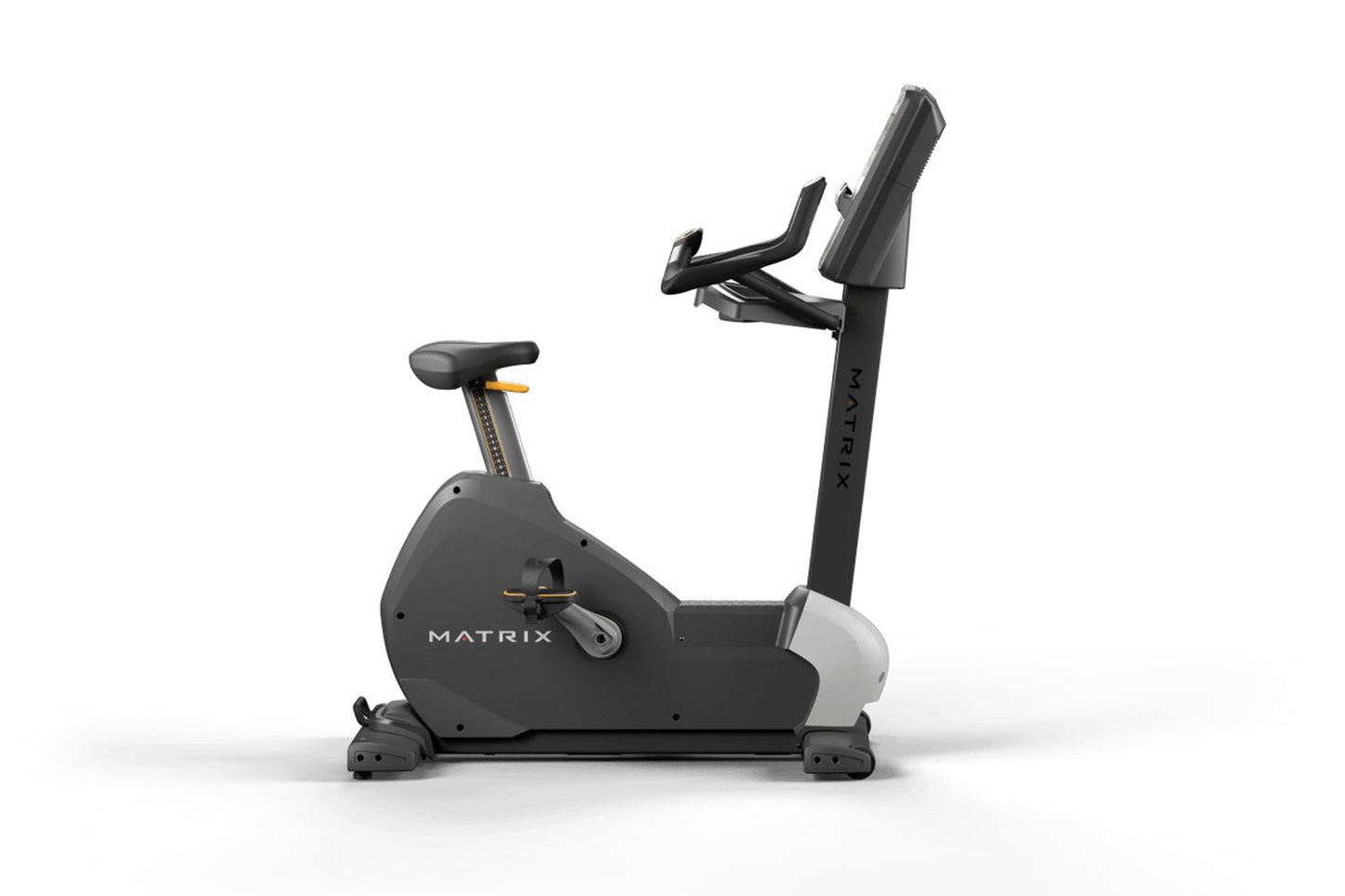 Matrix Performance Upright Cycle with black frame, digital console, and gray base on white background