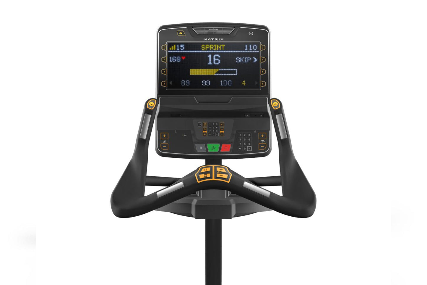 Matrix Performance Upright Cycle with black frame, dual handles with gold accents, and digital display console showing sprint
