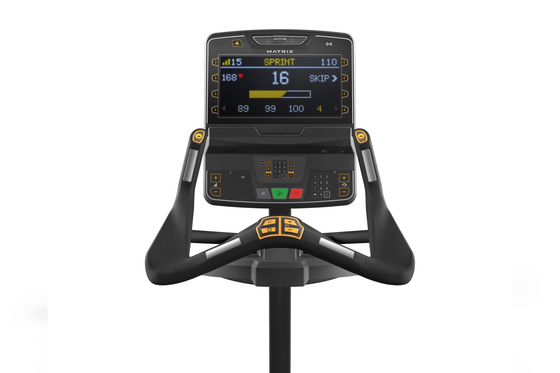 Matrix Performance Upright Cycle with black frame, dual handles with gold accents, and digital display console showing sprint