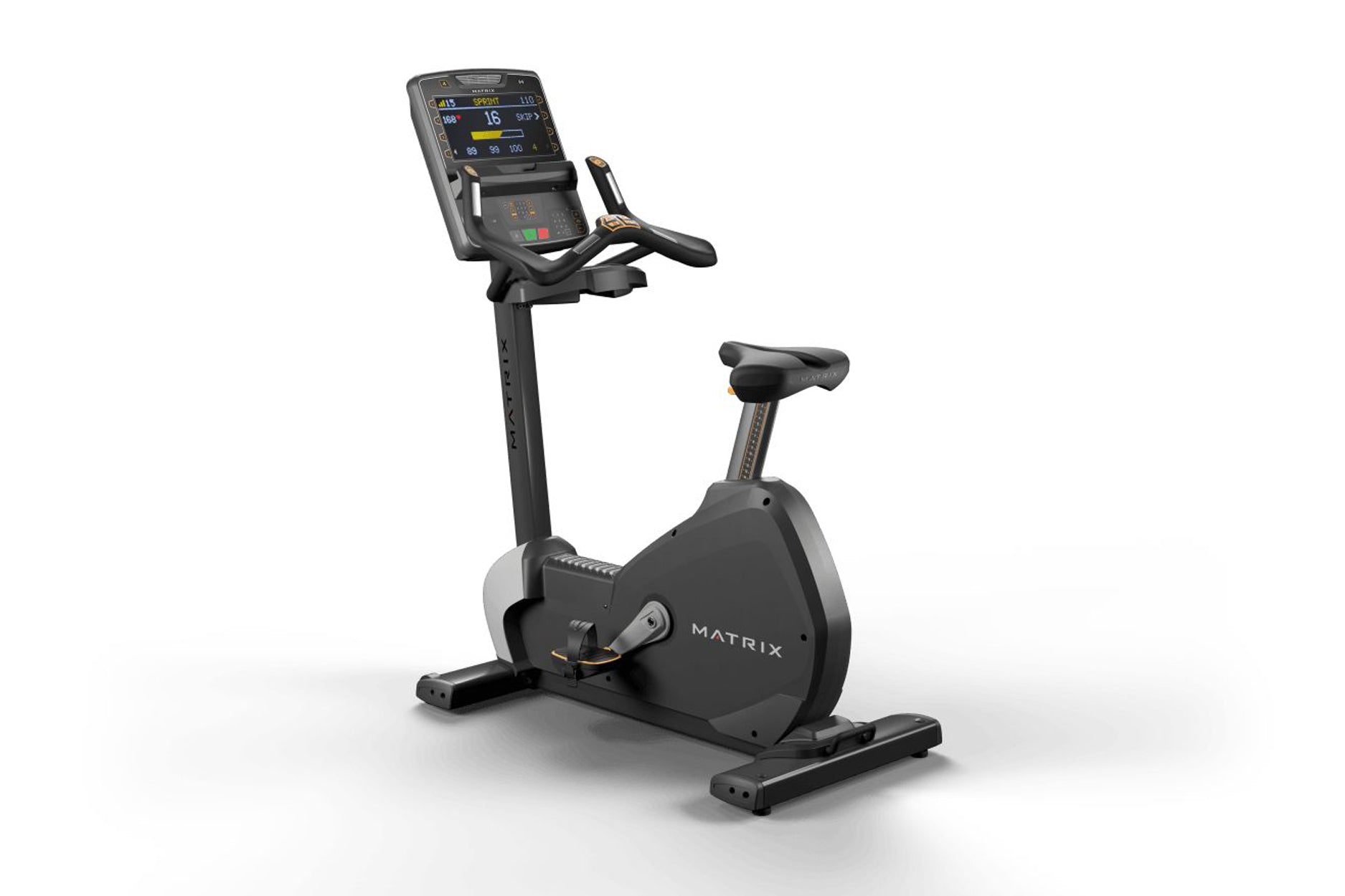 Matrix Performance upright exercise bike with digital display screen, black frame, padded seat, and handlebars, on white back